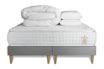 Pack lit complet 180x200 cm - Matelas + 2 Sommiers Gris + 2 oreillers + Couette - Vingt-Quatre PLUS