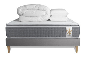Pack lit complet 140x190 cm - Matelas + Sommier Gris + 2 oreillers + Couette - Vingt-Six PLUS