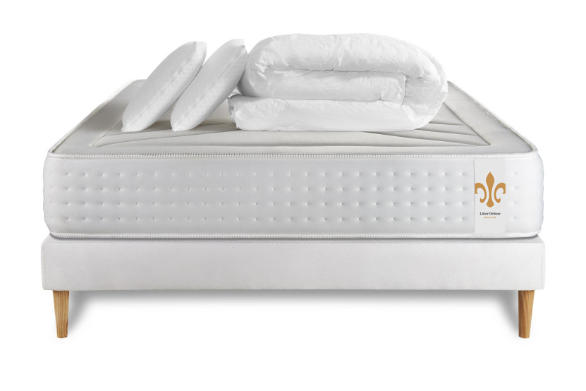 Pack lit complet 160x200 cm - Matelas + Sommier Blanc + 2 oreillers + Couette - Vingt-Quatre