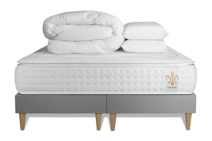 Pack lit complet 200x200 cm - Matelas + 2 Sommiers Gris + 2 oreillers + Couette - Vingt-Quatre PLUS