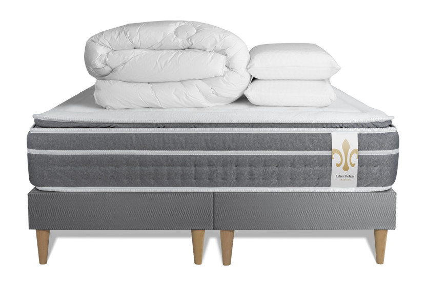Pack lit complet 160x200 cm - Matelas + 2 Sommiers Gris + 2 oreillers + Couette - Trente PLUS
