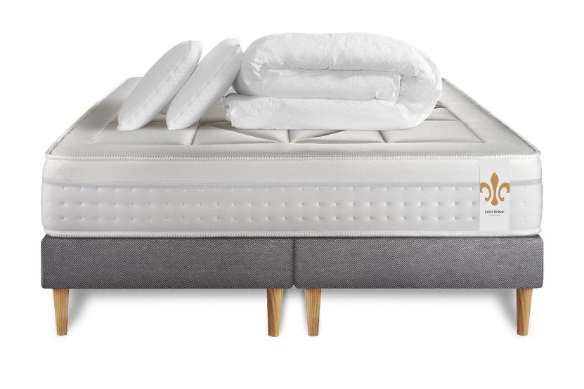 Pack lit complet 160x200 cm - Matelas + 2 Sommiers Gris + 2 oreillers + Couette - Vingt-Huit