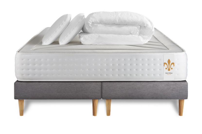 Pack lit complet 160x200 cm - Matelas + 2 Sommiers Gris + 2 oreillers + Couette - Vingt-Quatre