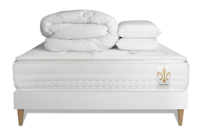 Pack lit complet 160x200 cm - Matelas + Sommier Blanc + 2 oreillers + Couette - Vingt-Huit PLUS