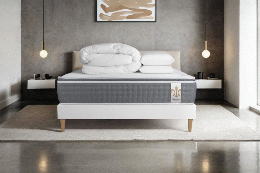 Pack lit complet 140x190 cm - Matelas + Sommier Blanc (en kit) + 2 oreillers + Couette - Vingt-Six PLUS